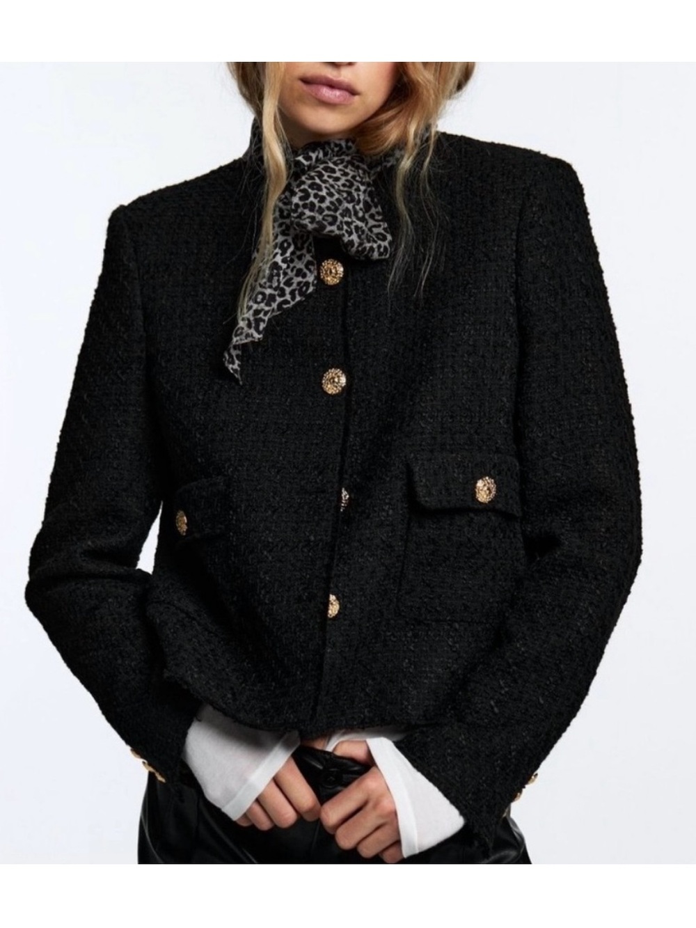 Zara Black Bouclé Blazer with Gold Buttons